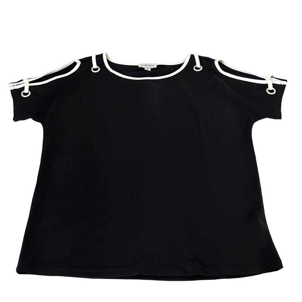 Carmen Marc Valvo NWT Black & White Cold Shoulder Knit Top Blouse Size Small - Picture 7 of 12